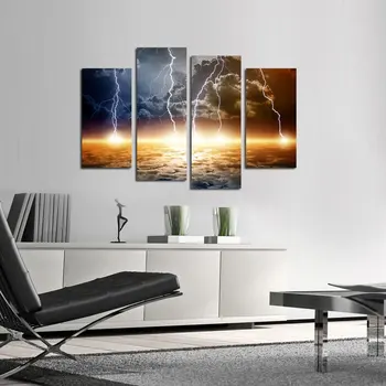 

Natural Landscape Paintings Wall Art Lightning Strikes Clouds 4 Panel Picture Print Canvas for Home Decoration