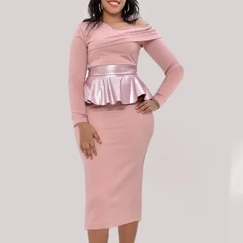 

Pink Women Bodycon Dress Elegant 2020 Spring Ruffle High Waist Female Midi Dresses Robe One-Shoulder Plain Long Sleebe Vestiods