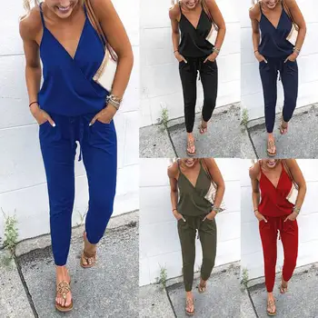 

New Summer Sexy Women Solid Color V Neck Spaghetti Strap Jumpsuit Drawstring Romper