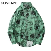 GONTHWID Фламинго Гавайи череп Девушка печати длинный рукав платье рубашки уличная мужская хип хоп Повседневная рубашка на пуговицах Топы Мода