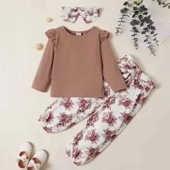 

2-piece Toddler Girl Flounced Solid Long-sleeve Top and Floral Pants Set