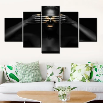 

5 Panels Gold and Black Modern Makeup African Woman Canvas Wall Art Paintings Fashion Girl Poster Prints for Living Room Decor