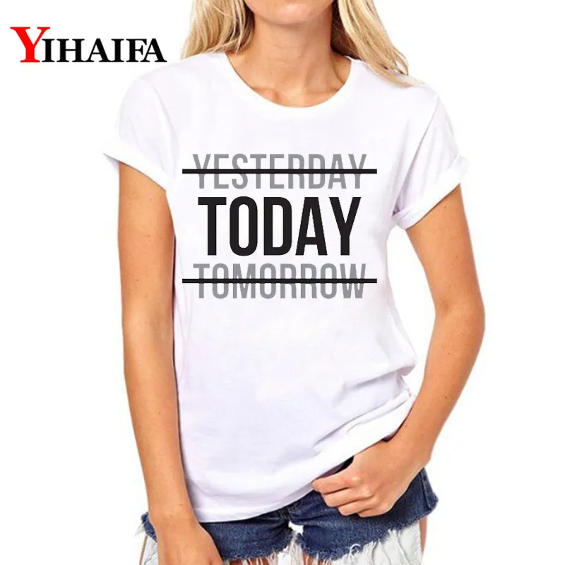 

YIHAIFA Women gym blusa T-shirt Pattern Letters Today Print Graphics Tee Casual Summer White T Shirts Pullover Tops