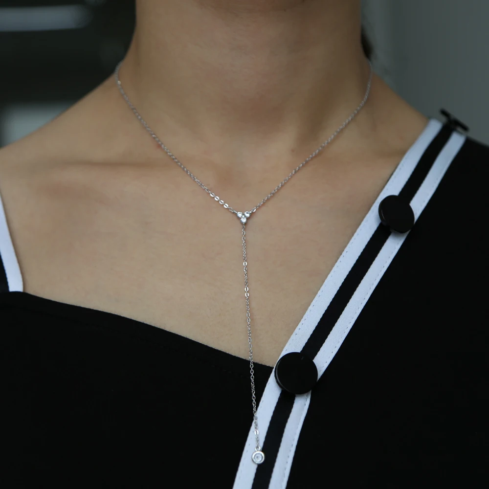 2020 925 Sterling silver simple long chain lariat necklace triangle round cz charm Y shaped minimal deilcate dainty women style