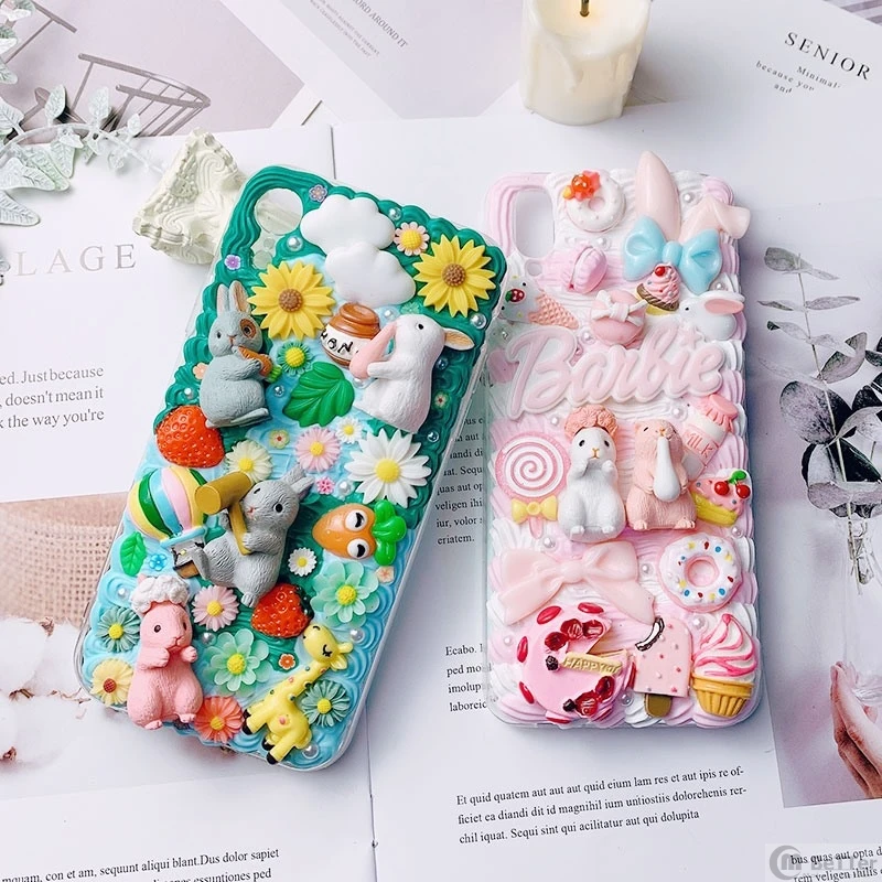 DIY case for iPhone 11 pro 3D rabbit phone cover ip XS MAX XR handmade creamy shell X/XS 7/8 plus 6/6s+ cute flower girl gift