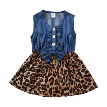 

Summer Kids Girls Casual Sleeveless Leopard Patchwork Design Denim Dress Baby Children Dresses 0-4M Bow Baby Girls Clothes