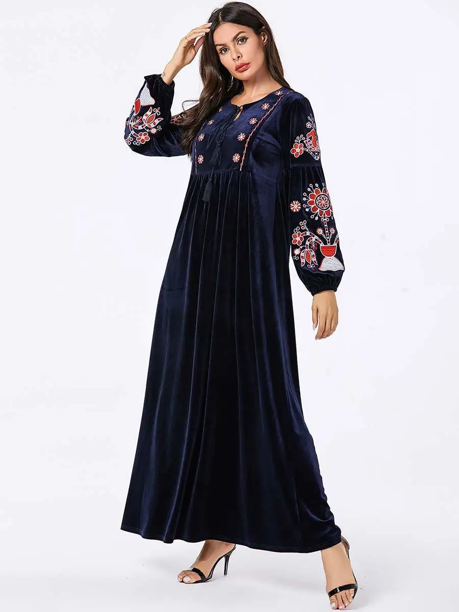 Мусульманское abaya женское бархатное платье макси с длинным рукавом вышивка кафтан jilbaw свободная одежда Дубай плюс размер Осенняя мода