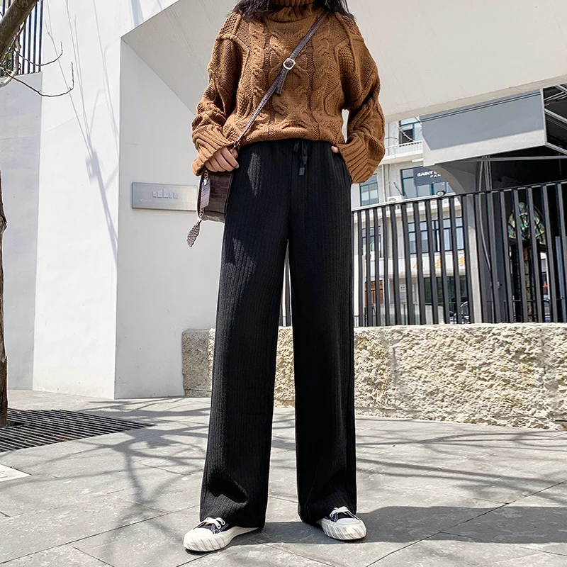 Genayooa Plus Size Knitting Wide Leg Pants Casual Woman Trousers Winter Streetwear Elastic Wear Pants Big Size Trousers