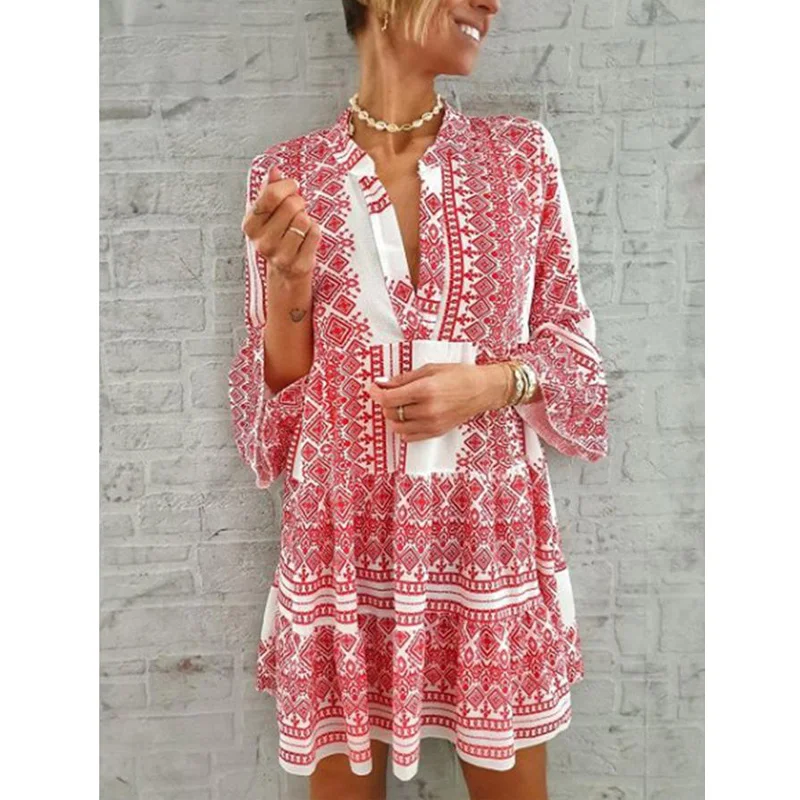 

Plus Size Boho Dress Gypsy Print Mini Dresses V-Neck Long Sleeve Beach Playdress 2019 Womens Clothing Female Vestidos