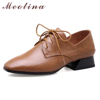 

Meotina Autumn High Heels Women Pumps Natural Genuine Leather Thick Heels Derby Shoes Cow Leather Square Toe Shoes Lady Size 42