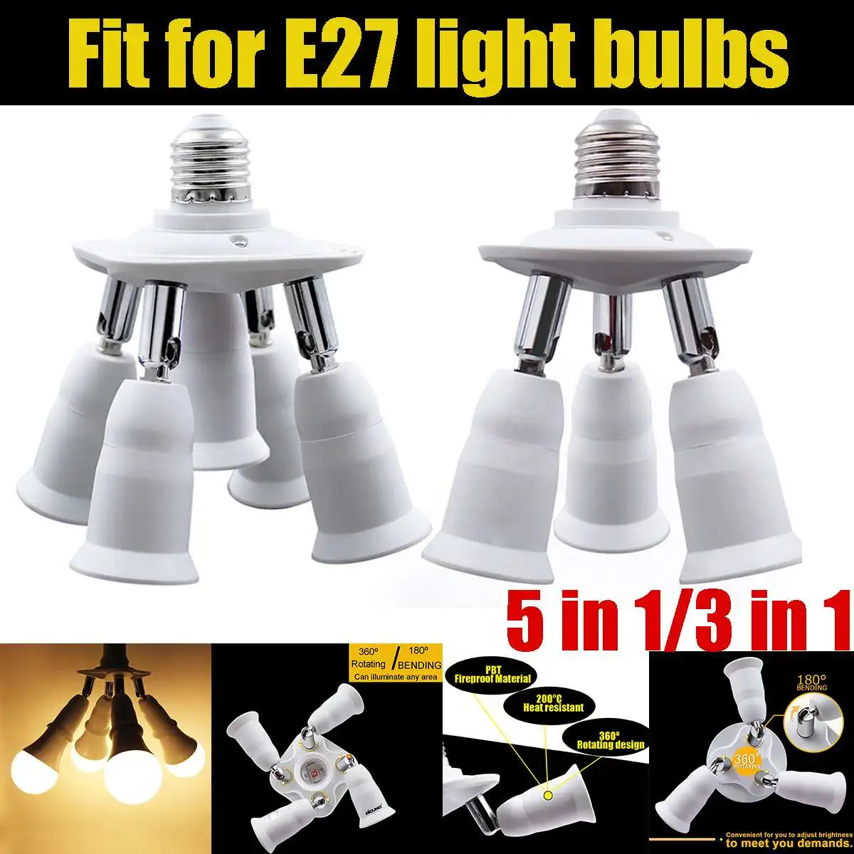 

3/5 Heads E27 Splitter Lamp Base Adjustable Heat-resisting LED Light Bulb Holder Adapter Converter Socket E27 Lamp Base Holder