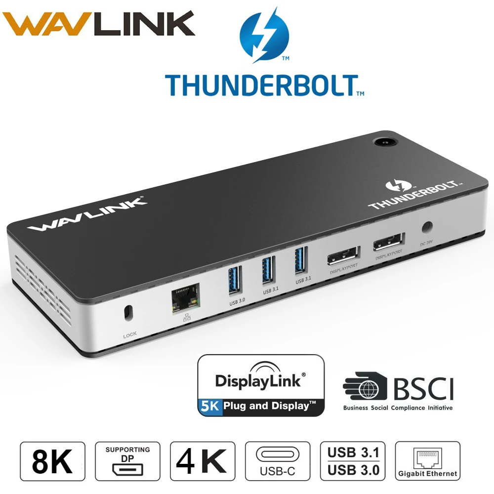 Wavlink Thunderbolt 3 USB-C док-станция двойной 4 k@ 60 Гц видео дисплей 60 Вт USB-C питания для MacBook pro Intel сертифицировано