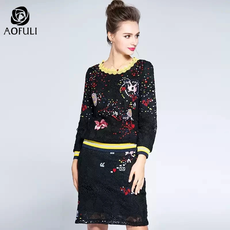 L~ 4XL 5XL осенне-зимний комплект из 2 предметов, вязаная юбка, цветочный кружевной вышитый женский наряд, свитер с длинным рукавом, Топы+ юбка 1061