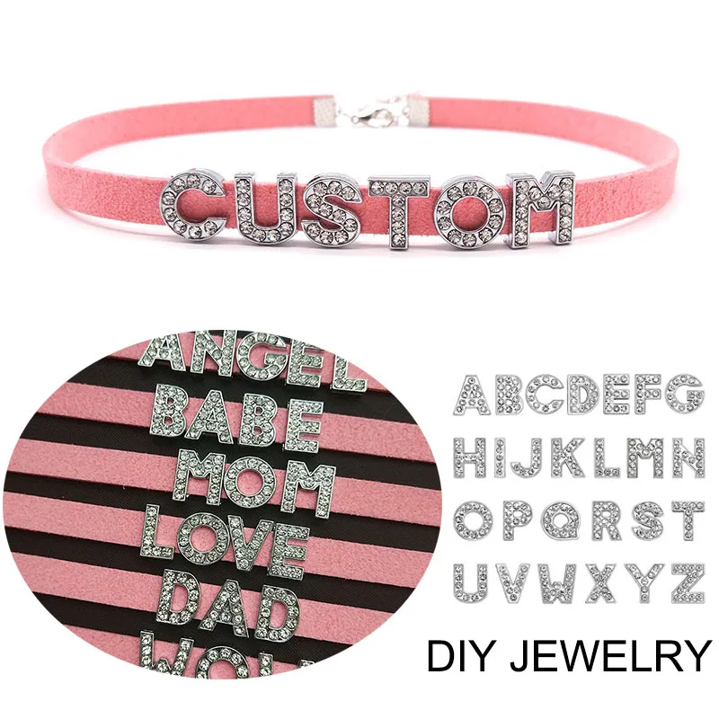 Pink Soft Leather DIY Customized Rhinestone Letter Name Necklace for Women Men Personalized Custom Choker Collar Birthday Gift