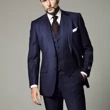 В тонкую полоску Свадебные приталенные Смокинги Костюмы для Для мужчин дешево жениха костюм из трех предметов строгие костюмы для выпускного с: куртка, жилет и брюки