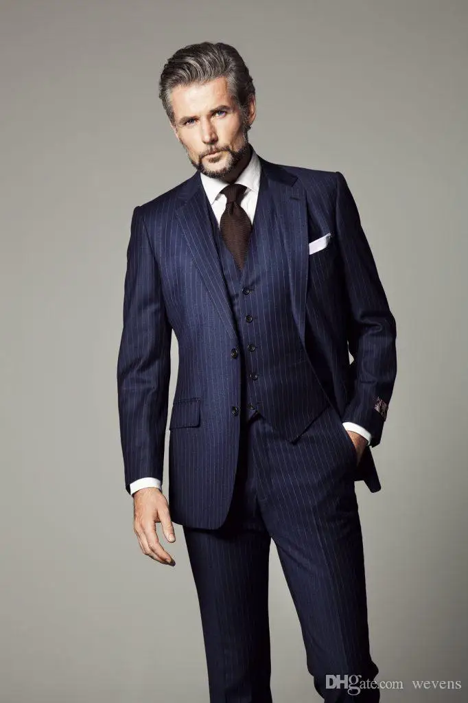 

Pinstripe Wedding Tuxedos Slim Fit Suits For Men Cheap Groom Suit Three Pieces Prom Formal Suits With Jacket Vest And Pants