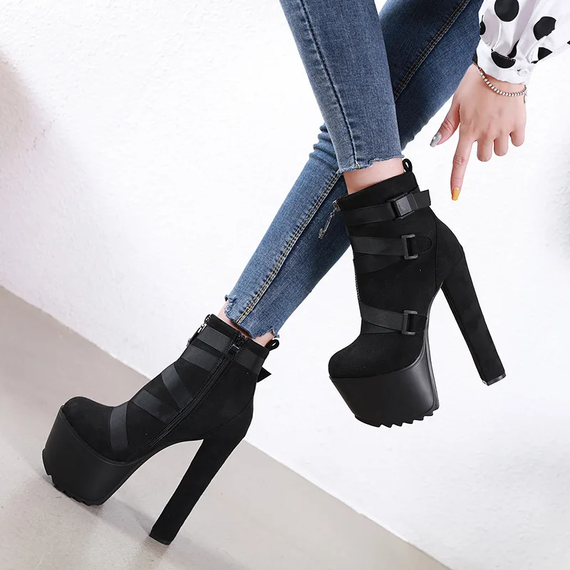 

2019 New Fashion Spring Autumn Platform Ankle Boots Women 12cm Thick Heel Platform Boots Ladies Worker Boots Black Big Size -85