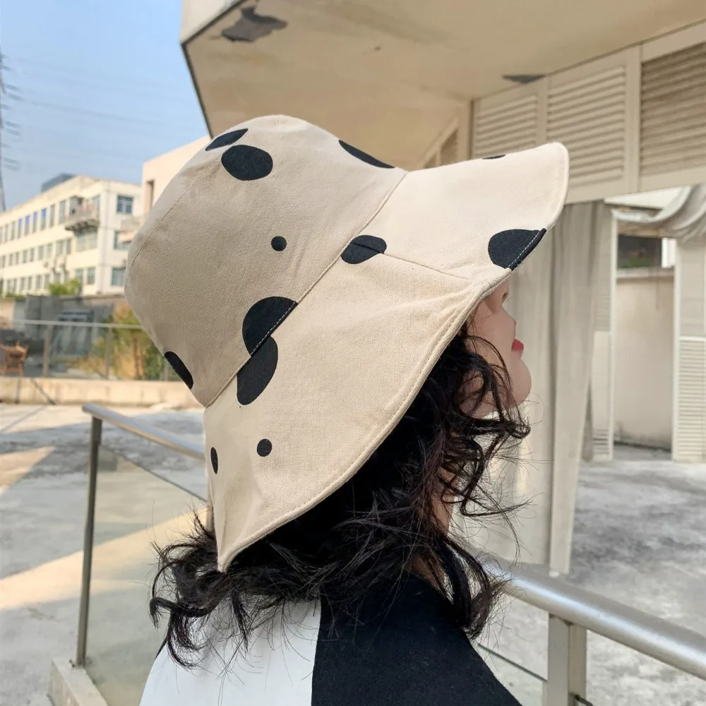 Sun Hat Women Summer Foldable Bucket Hat Harajuku Large Brim Dot Printed Beach Sun Hat Japanese Style Yellow Black Khaki Beige   (3)