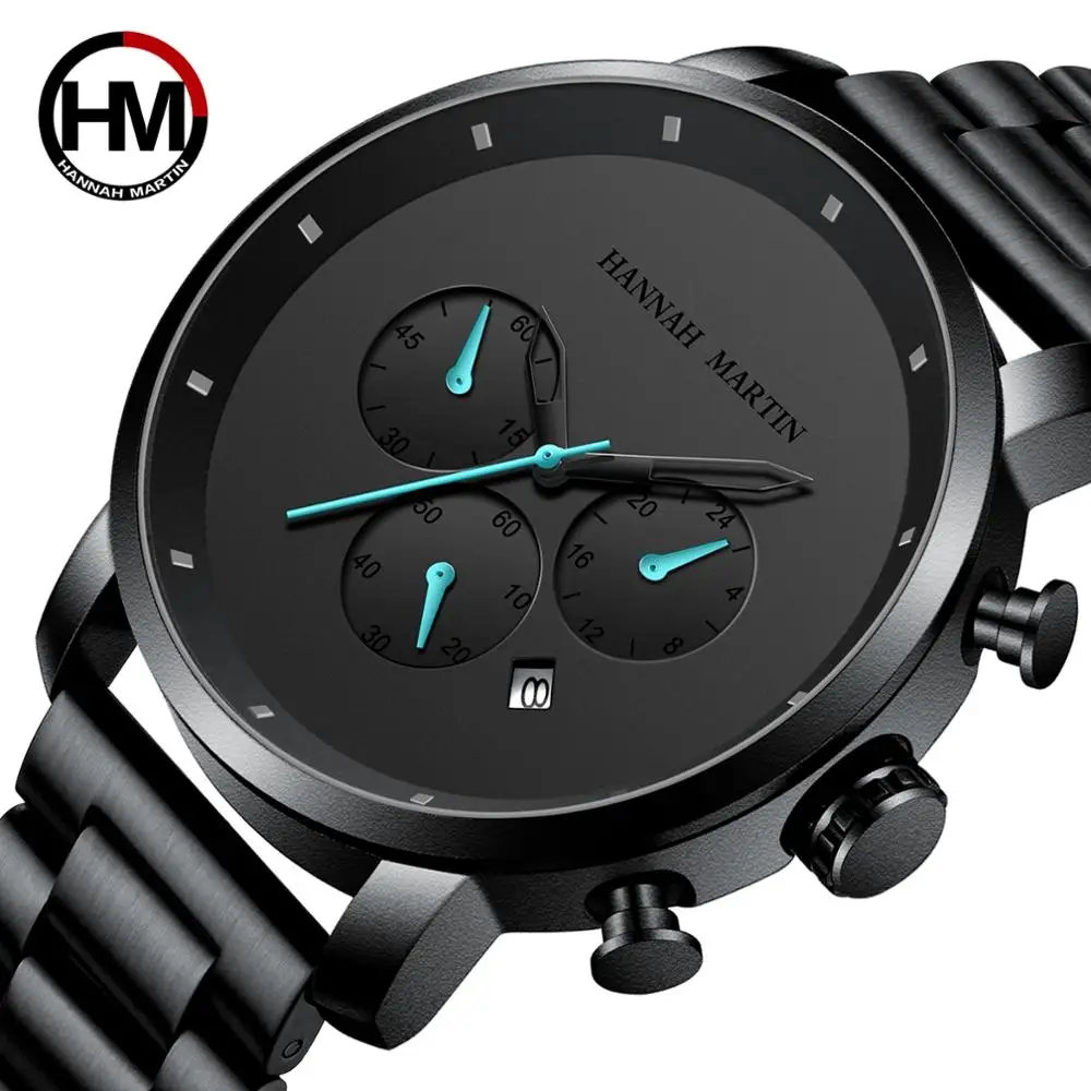 

DropShipping 2020 New Simple Japanese Movement Full Black Stainless Steel Multi-function Calendar Men's Top Brand Luxury Watches