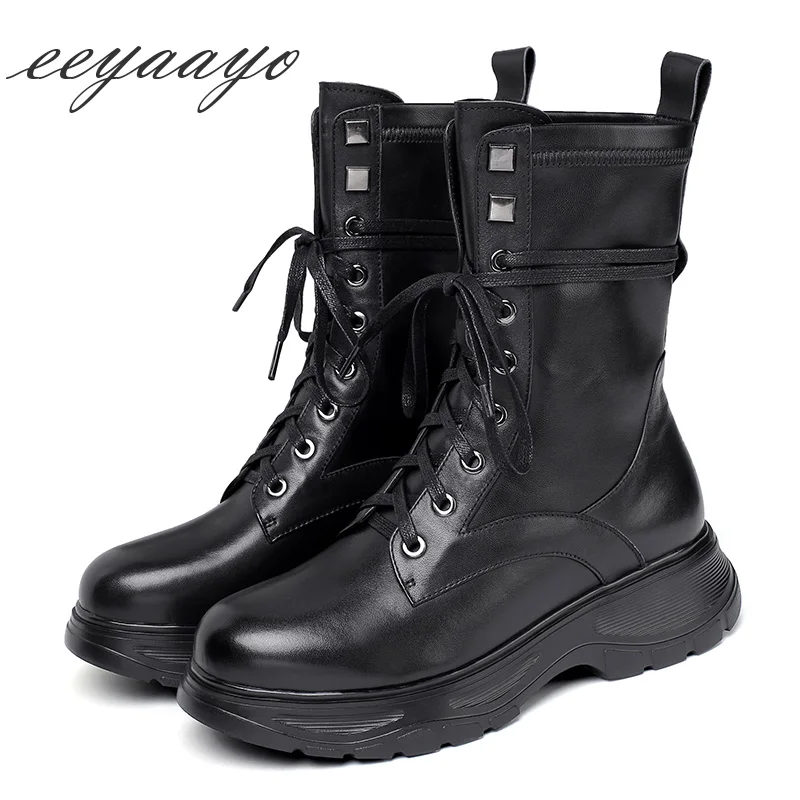 

2019 New Winter Genuine Leather Women Ankle Boots Middle Heel Round Toe Lace-Up Retro Causal Women Shoes Black Martens Boots