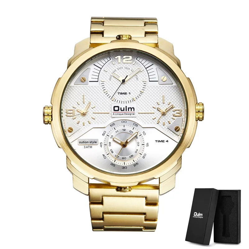Oulm большой циферблат золотые спортивные часы мужские роскошные брендовые водонепроницаемые часы из нержавеющей стали с четырьмя часовыми поясами Мужские кварцевые часы - Цвет: Gold White