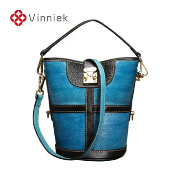 

Genuine Leather Contrast Color Handbag Female Hand Rub Retro Bucket Bags European and American Small Shoulder Bag Lock Crossbody