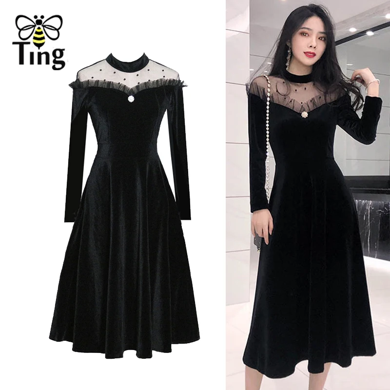 

Tingfly Vintage Mesh Beading Party Dresses Lady Girl Sweety Elegant Dress Autumn winter black A Line midi Casual Dresses