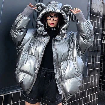 

Short loose parka glossy overcoat warm hooded padded streetwear oversize winter jacket women cotton coat thick solid outerwear