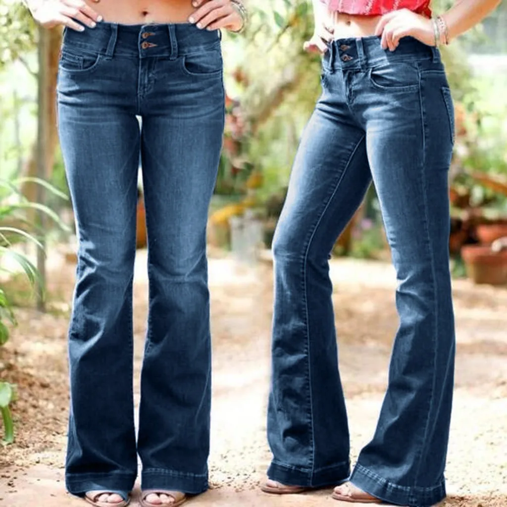 Модные джинсовые расклешенные брюки женские ретро джинсы Широкие брюки леди случайный звонок-низ расклешенные брюки женские