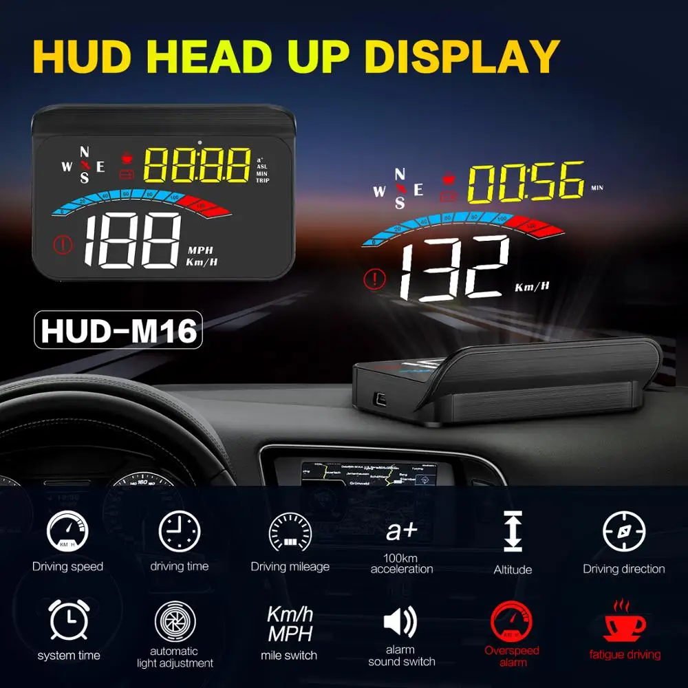 Universal M16 GPS HUD Car Head Up Display Digital Speed Projector Security Alarm Updated driving direction trip time KMH/KPM