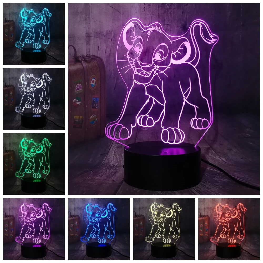Милый мультфильм Король Лев маленький Simba светодиодный 3d-ночник RGB 7 цветов Настольная лампа домашний декор для детей и мальчиков Рождественский подарок