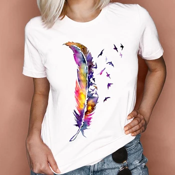 Women Graphic Feather Printing Fashion 90s Cute Watercolor Short Sleeve Lady Clothes Tops Tees Print
