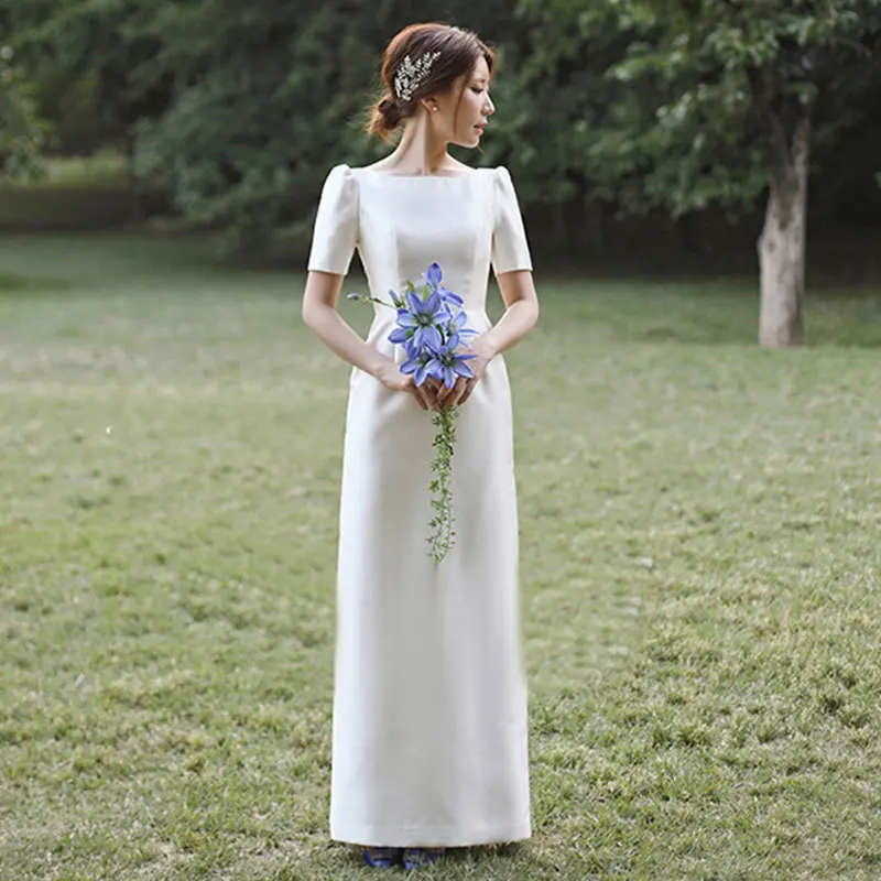

Simple Wedding Dresses 2019 Short Sleeves Lace Up Back Scoop Neck Wedding Bridal Dress Long Elegant Satin Bride Gown