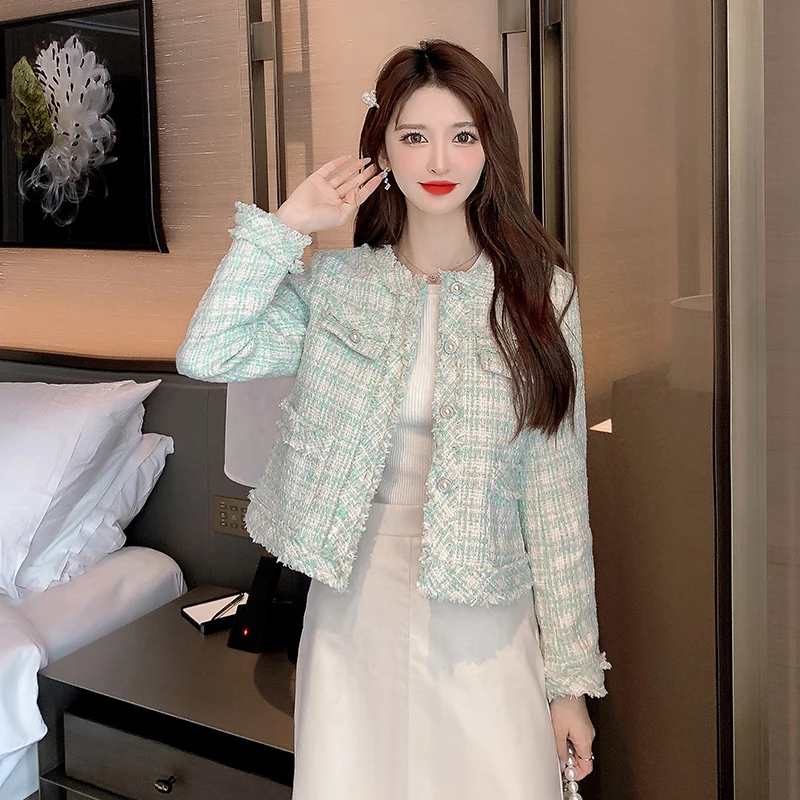 

High Quality Korean Vintage Tweed Jacket Coat Women Autumn Single Breasted Plaid Tassel Slim Woolen Jackets Office Lady Outwear