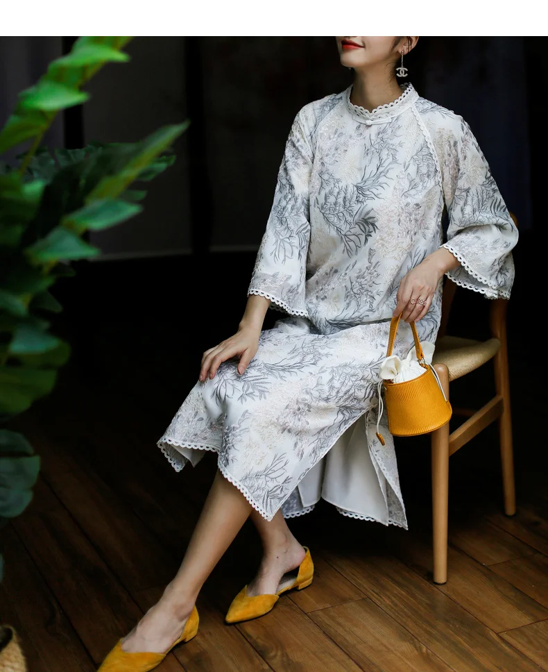 ROJAY Cheongsam длинное изящное платье молодой Ципао китайский современный стиль Прямой полный вышивка китайский воротник