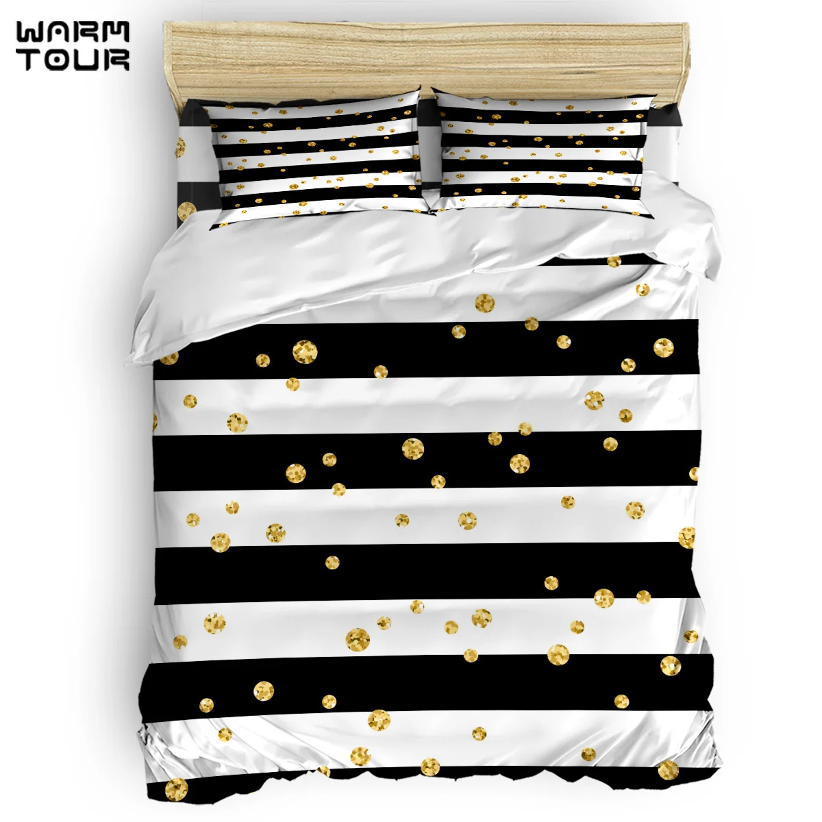 WARMTOUR Duvet Cover Black and White Stripes Golden Dots Duvet Cover Set 4 Piece Bedding Set For Beds