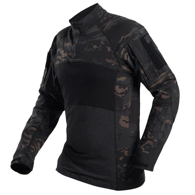 Мужская Тактическая Военная штурмовая боевая рубашка с длинным рукавом, облегающая камуфляжная футболка на молнии - Цвет: Black CP