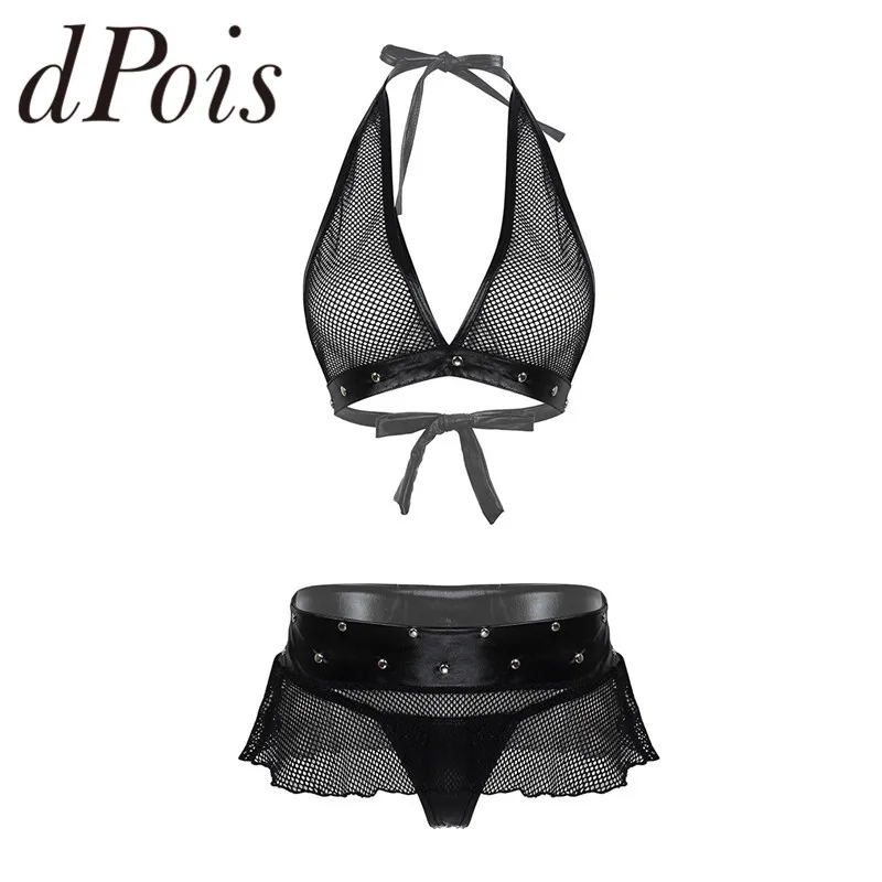 

3Pcs Sexy Women See Through Mesh Patchwork Lingerie Set Halter Neck Deep V Bra Top and Mini Skirt with G-String Summer Swimwear