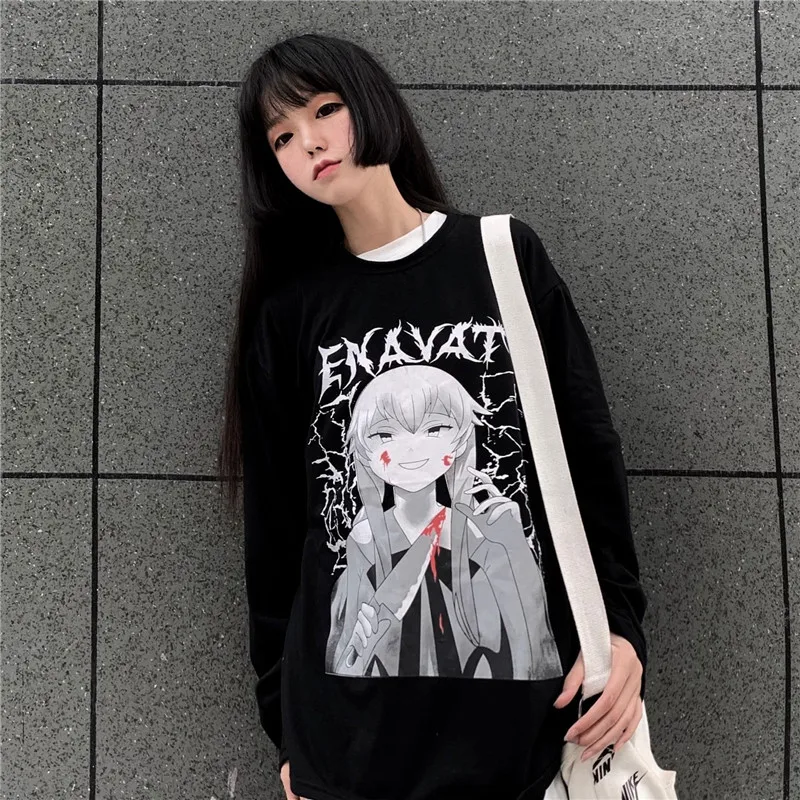 Lychee Harajuku Темный нож Девушка молния Письмо печати женские футболки осень вырез лодочкой женские футболки свободные женские футболки