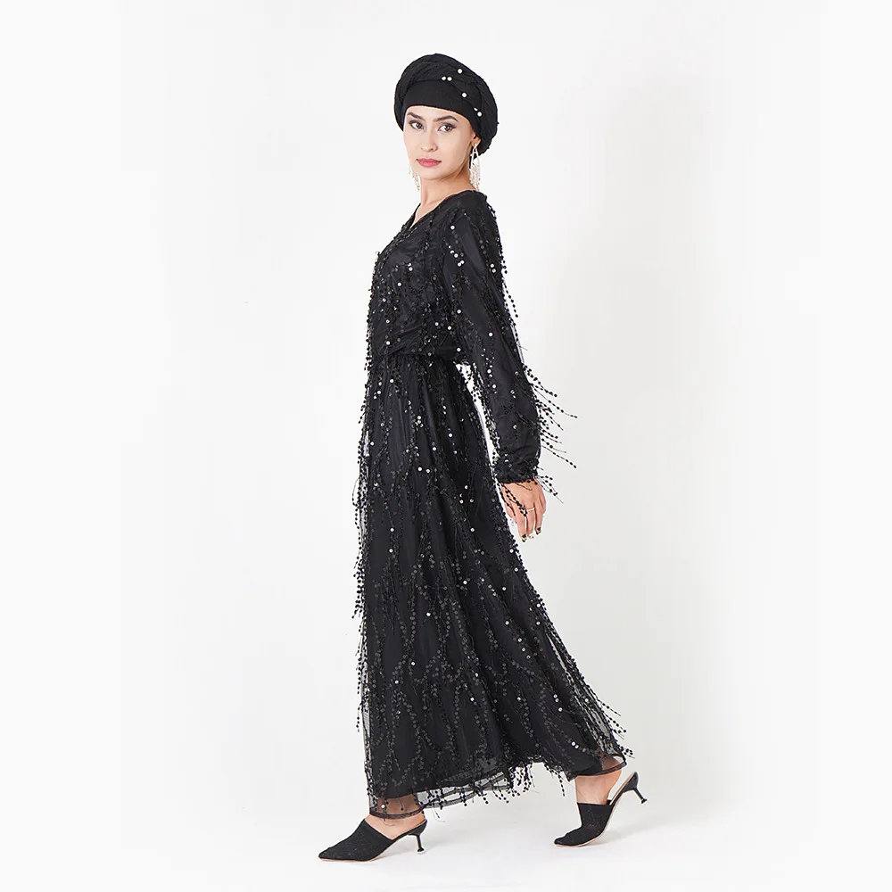 Black sequins Длинное мусульманское платье-кардиган с блестками и кисточками, кимоно для Юбы, ИД Рамадан, служба исламского культа - Цвет: Black sequins