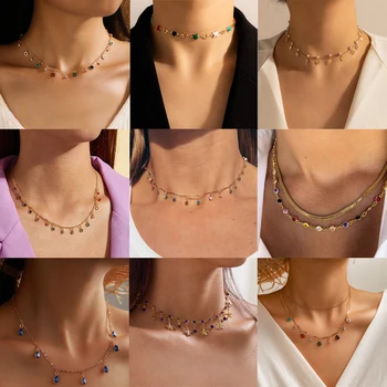 Tocona Colorful Crystal Stone Choker Necklace for Women Trendy Star Clavicle Chain Handmade Tassel Necklace Boho Jewelry Collar