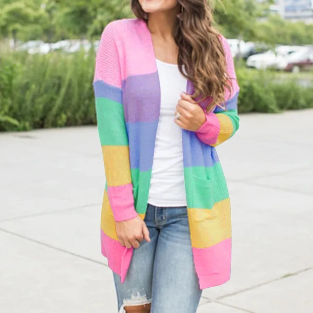 

Autumn Sweater Women Long Sleeve Patchwork Knitted Open Front Rainbow Striped Cardigan Women Coat sueter mujer invierno 2019