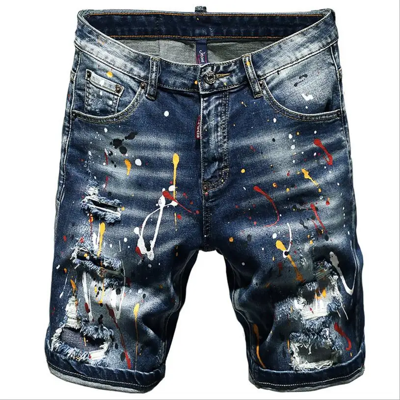 Pantalones cortos vaqueros con agujeros para hombre, ropa de calle informal de pintura, Jeasn, alta calidad, ajustados, elásticos, 38