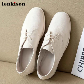 

Lenkisen handmade soft genuine leather leisure shoes solid round toe low heels beauty simple style fashion lace up pumps L56