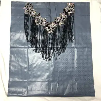 

New Soft 100% Cotton African Best Quality Bazin Riche Fabric Lace With Stones Neckline tassel Set