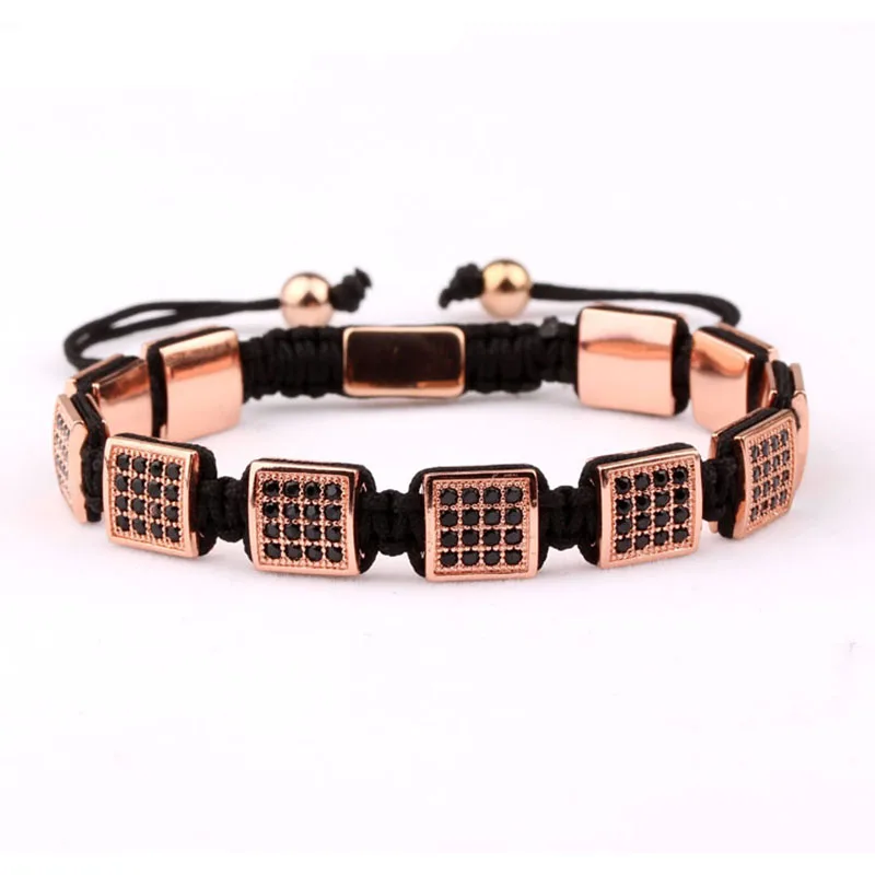 CZ Pave Square Brass Beads Braided Men Jewelry Wrap Adjustable Bracelet - Image 3