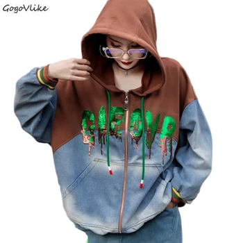 

Kpop Korean Zip Up Hoodie Clothes for Teens Jean Patchwork Oversized Fall 2020 Women Zipper Pockets Hoodies with Hood LT063S50