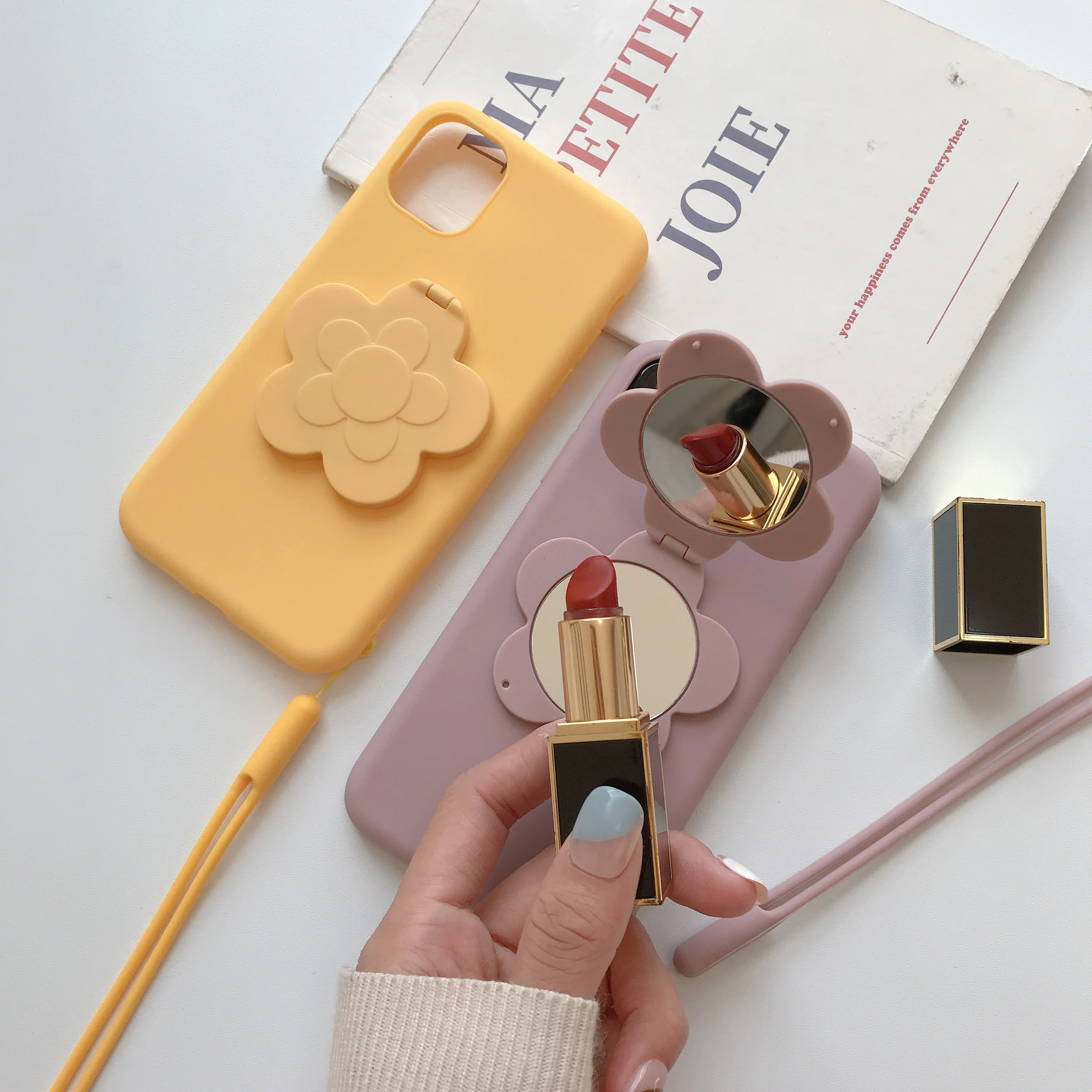 

Cxd iPhone 6 6s 7 8 Plus X XR XS 11 Pro Max Cute Simple Flower Mirror Phone Support Lanyard Pure Color Soft Silicone iPhone Case