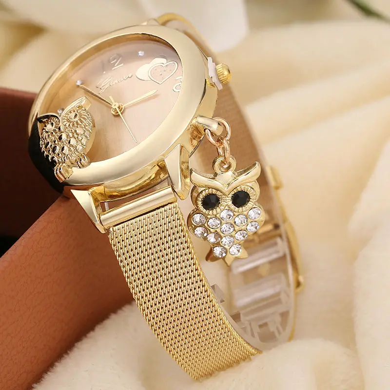 Женские часы с подвеской в виде совы, кварцевые модные часы с бриллиантами из нержавеющей стали и сетчатым ремешком, женские часы с темпераментом, женские часы