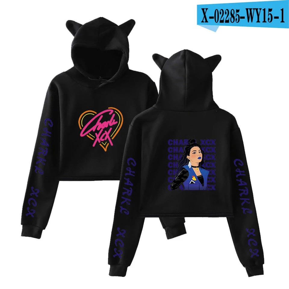 As picture Популярные Charli XCX кошачьи уши удобные толстовки с капюшоном для женщин поп укороченный топ толстовки худи для женщин девочек повседневные Черные Пуловеры Толстовка - Цвет: As picture